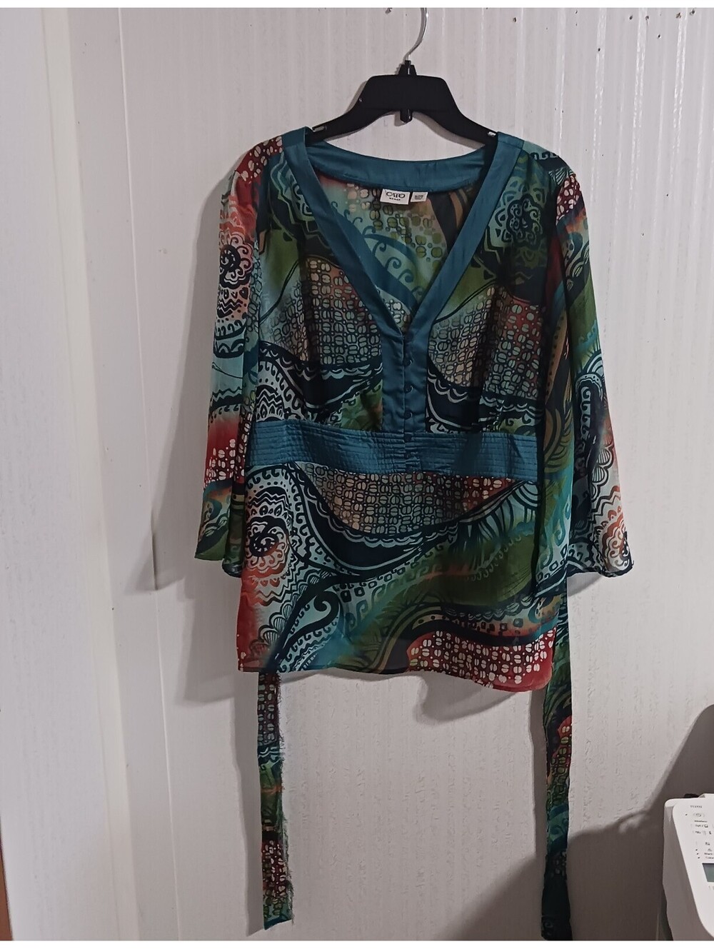 Cato Women's V-Neck Printed Long Sleeve Blouse with Tie Sheer  Fabric